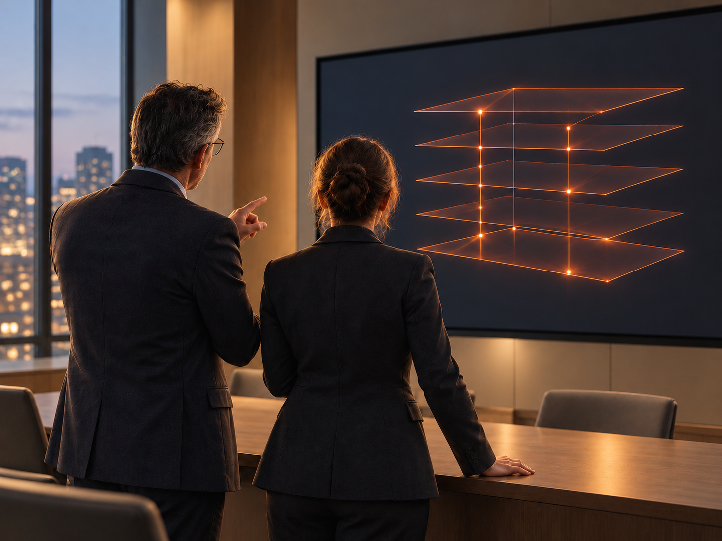 Two professionals reviewing a layered platform architecture